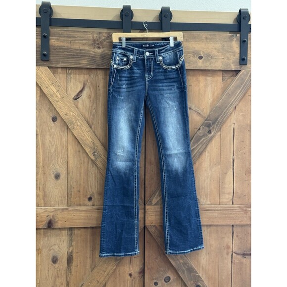 Miss Me Jeans Womens 26 Boot Cut Embellished Pockets Dark Wash Distressed Denim - Picture 2 of 2